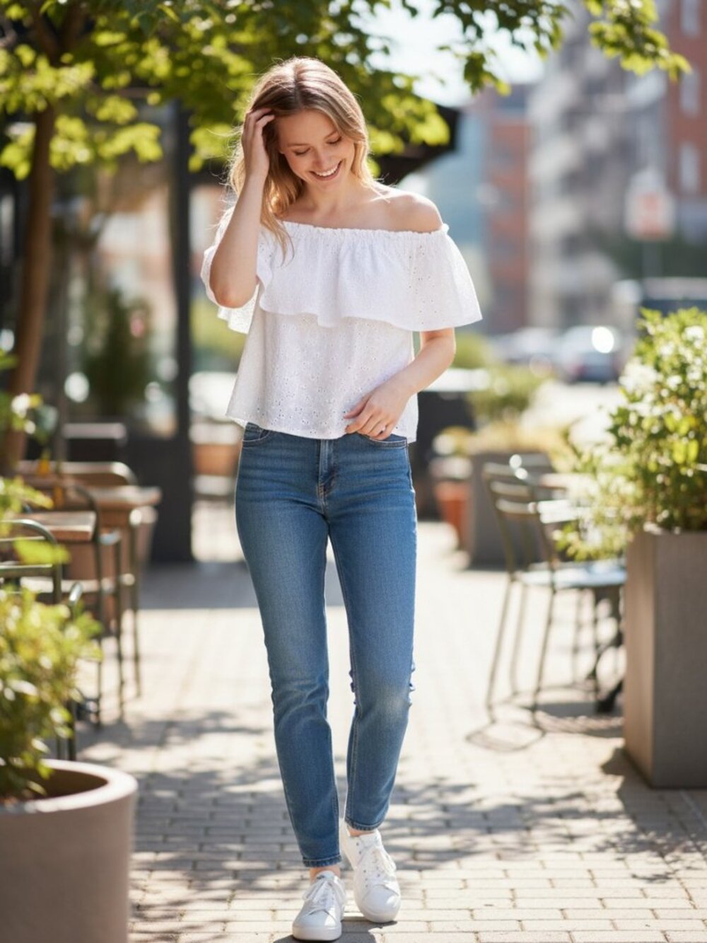 BY Design White Eyelet Off Shoulder Ruffle Top | XL